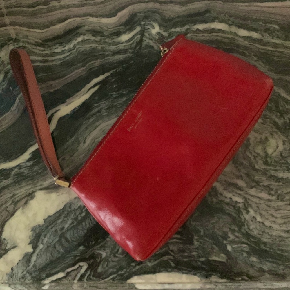 Kate Spade red leather clutch wristlet with pink leather handle